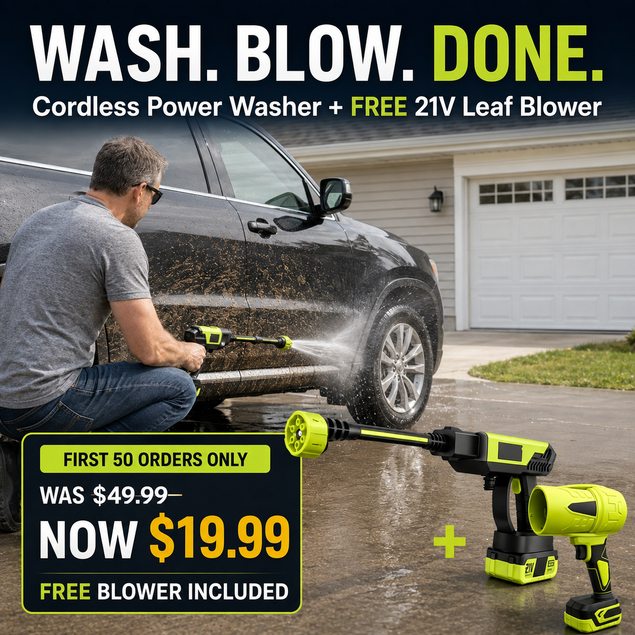 21V Cordless Power Washer + FREE Leaf Blower – 6-in-1 Clean & Dry Kit